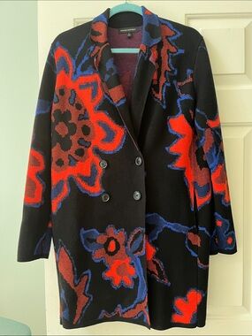 NWOT Banana Republic Black Coat Sweater with Red & Blue Floral Pattern